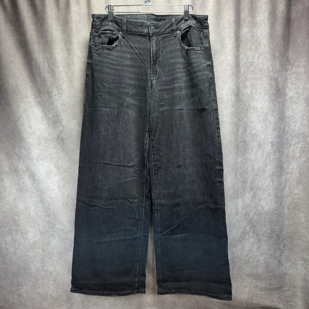 American Eagle Womens Low Rise Baggy Wide Leg Jeans Black Stretch Size 10 Reg